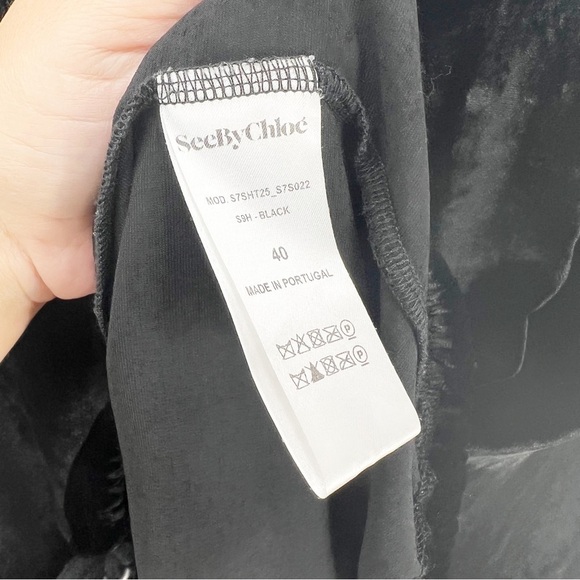See By Chloe Black Velvet Long Sleeve Blouse Drawstring Size 40 - Picture 6 of 8